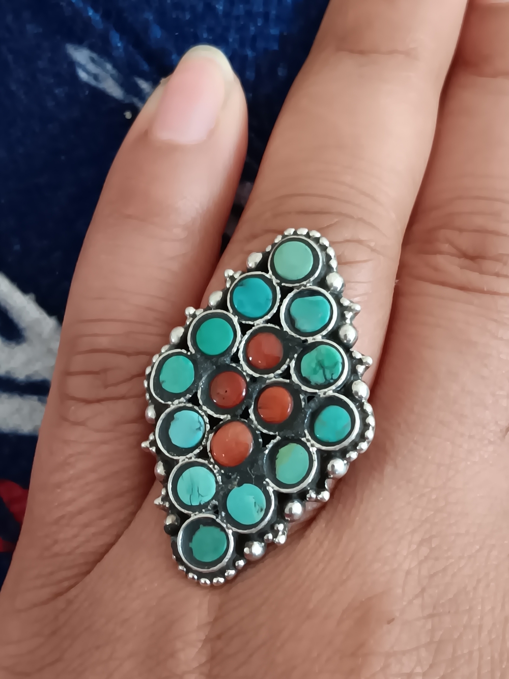 Native American Turquoise & Coral Multi-Sterling Silver Ring Size 5
